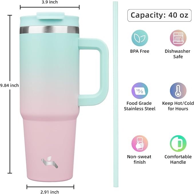 Konokyo 40 oz Tumbler with Handle and 2 Straws,2 in 1 Lid Insulated Water Bottle Stainless Steel Travel Coffee Mug,Gum - Image 4