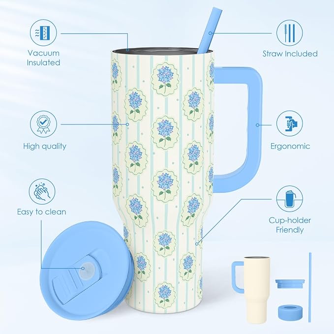 SANDJEST Hydrangea 40oz Tumbler with Handle and Straw, Floral Insulated Stainless Steel Travel Coffee Mug for Women Girls, Gift Idea for Birthday Christmas Mothers Day - Image 2
