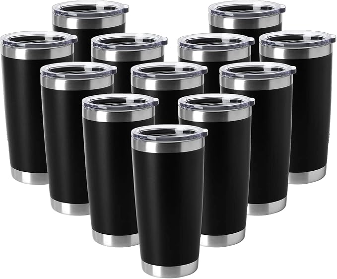 HASLE OUTFITTERS 20oz Tumblers Stainless Steel Mugs with Lid Double Wall Vacuum Insulated Coffee Cups for Cold & Hot Drinks (20oz-Black, 12 Pack) by HASLEOUTFITTERS