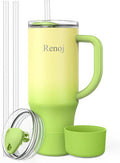 Renoj Insulated Mug 100% Spill Resistant Insulated Water Bottle for Iced Coffee & Hot Drinks - Fits Car Cup Holder, Ideal Gift, 2 Straws & Silicone Boot - FlexSlide Green Gradient 32 oz by VisittheRenoj