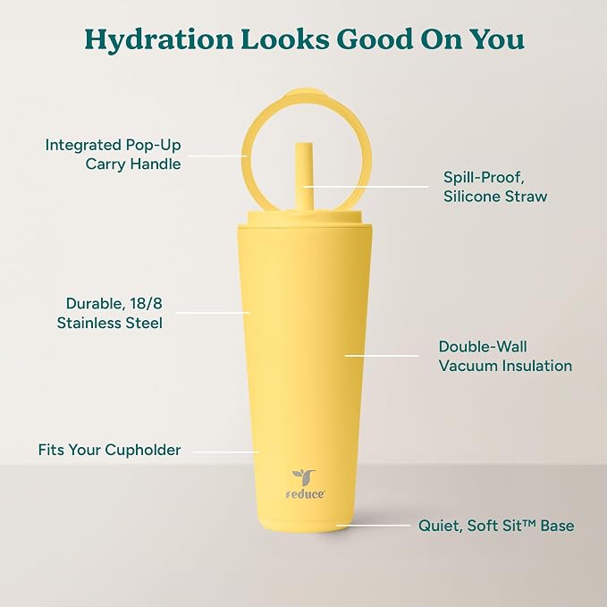 REDUCE Halo 32 oz Stainless Steel Vacuum Insulated Tumbler - Spill Proof Travel Mug with Flip Handle Lid - Keeps Drinks Cold for 32 Hrs - Dishwasher Safe - Cupholder Friendly - Pineapple - Image 4