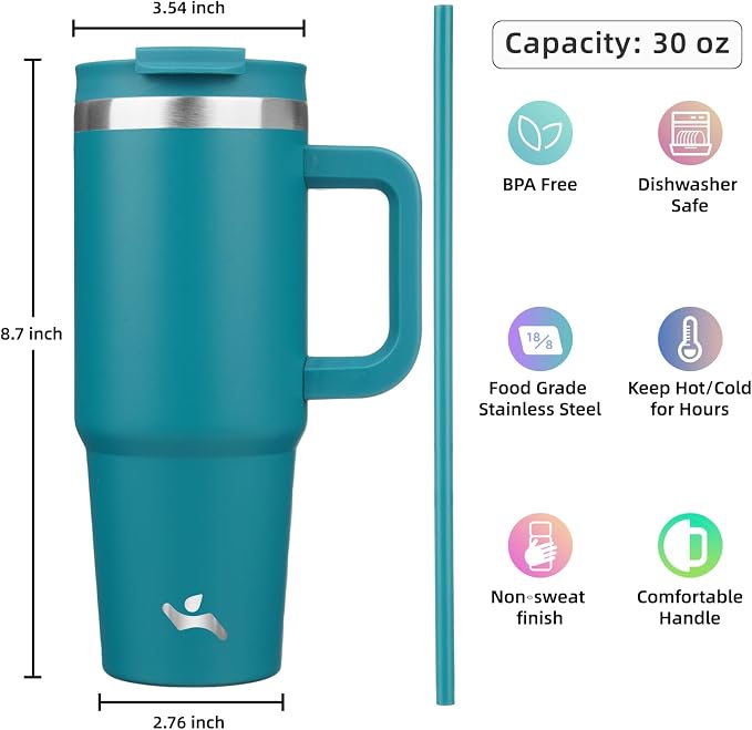 Konokyo 30 oz Tumbler with Handle and 2 Straws,2 in 1 Lid Insulated Water Bottle Stainless Steel Travel Coffee Mug,Blue - Image 4