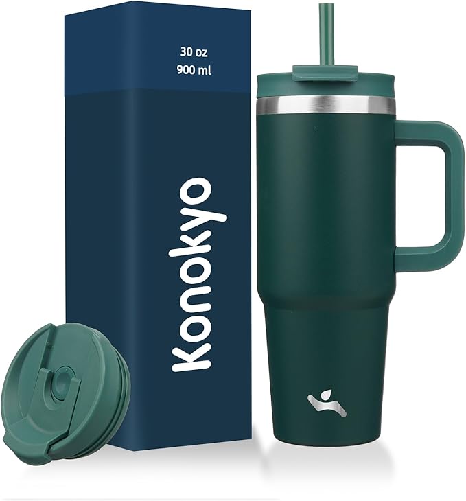 Konokyo 30 oz Tumbler with Handle and 2 Straws,2 in 1 Lid Insulated Water Bottle Stainless Steel Travel Coffee Mug,Dark Green by Konokyo