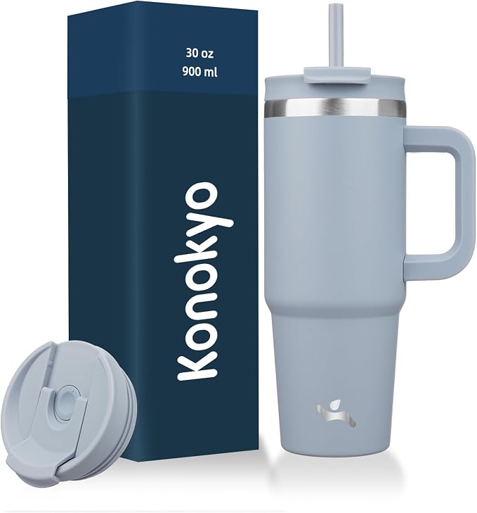 Konokyo 30 oz Tumbler with Handle and 2 Straws,2 in 1 Lid Insulated Water Bottle Stainless Steel Travel Coffee Mug,Lavender by Konokyo