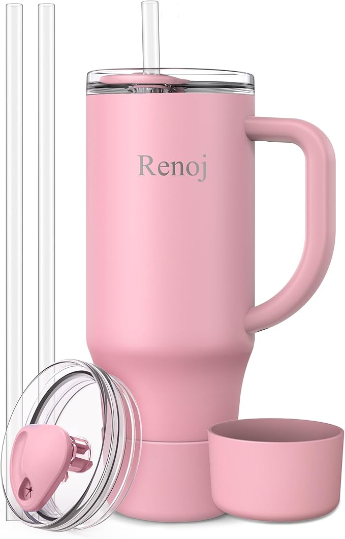 Renoj Insulated Mug 100% Spill Resistant Insulated Water Bottle for Iced Coffee & Hot Drinks - Fits Car Cup Holder, Ideal Gift, 2 Straws & Silicone Boot - FlexSlide Pink 32 oz by VisittheRenoj