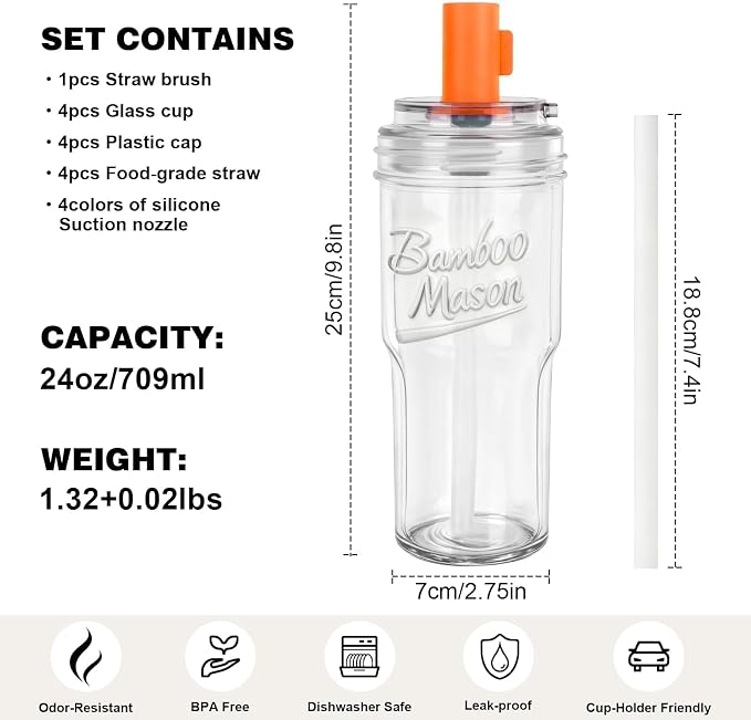 ANOTION Bamboo Mason 24oz Glass Tumbler with Straw Leakproof Lid, Cap Cup Mason Jar 4 Color Caps, Self-Assembly Leak-Proof Lid Straw, Reusable Iced Coffee Cup, Mason Jar Drinking Glass Coffee Gifts - Image 3