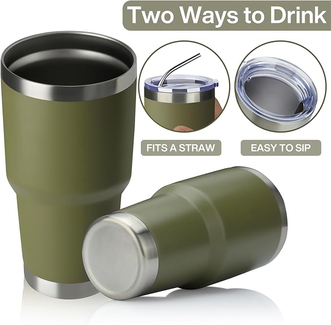 MEWAY 30oz Insulated Tumbler With Lids and Straws,Stainless Steel Double Vacuum Coffee Tumbler Cup, Brush, Durable Powder Coated Coffee Cup for Cold & Hot Drinks, Office, Travel(Army Green,4 PACK) - Image 3