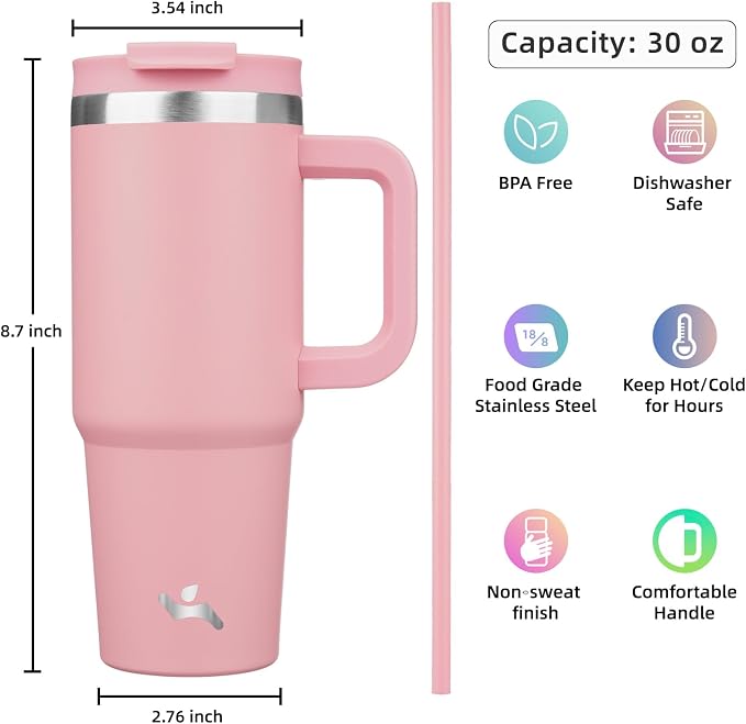 Konokyo 30 oz Tumbler with Handle and 2 Straws,2 in 1 Lid Insulated Water Bottle Stainless Steel Travel Coffee Mug,Pink - Image 4