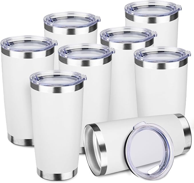 StarSpeed 20oz Tumbler Bulk with Lid, Stainless Steel Insulated Tumblers Double Wall Vacuum Insulated Travel Mug, Powder Coated Coffee Cups for Hot and Cold Drinks(White,8) by StarSpeed