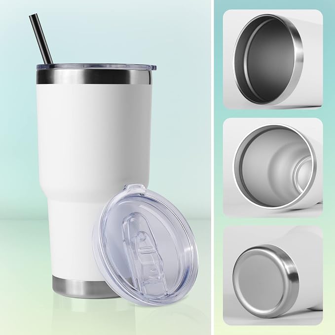 DOMICARE 30 oz Tumbler with Lid and Straw, Stainless Steel Tumblers Bulk, Insulated Vacuum Double Wall Travel Coffee Mug, Durable Powder Coated Tumbler Cups (White, 4) - Image 5
