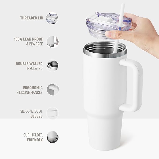 COKTIK 40 oz Tumbler With Handle and Straw, Insulated Tumbler With Leakproof Lids, Stainless Steel|BPA-Free, Cold for 24 H (Snow) - Image 3