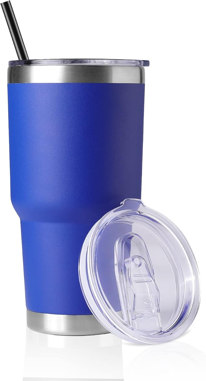 DOMICARE 30 oz Tumbler with Lid and Straw, Stainless Steel Tumblers Bulk, Insulated Vacuum Double Wall Travel Coffee Mug, Durable Powder Coated Tumbler Cup (Dark Blue, 1) by VisittheDOMICARE