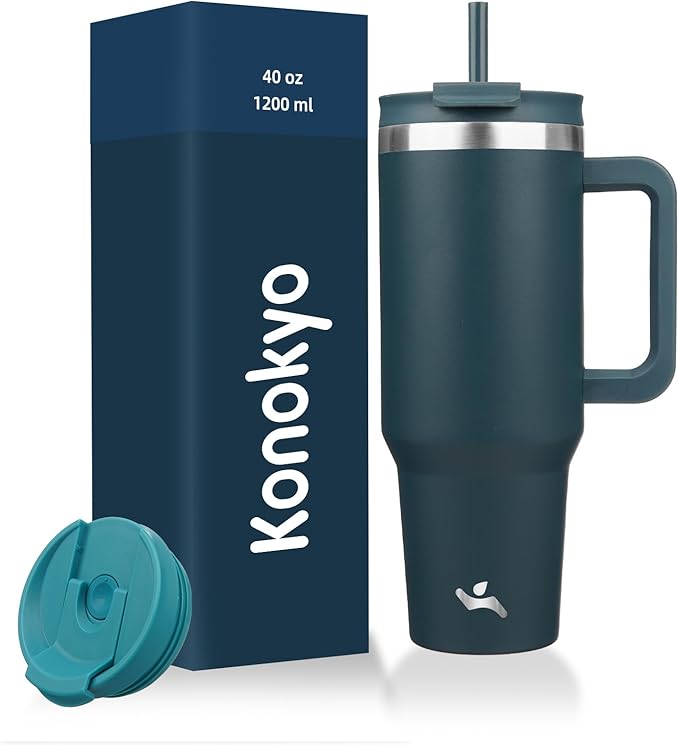 Konokyo 40 oz Tumbler with Handle and 2 Straws,2 in 1 Lid Insulated Water Bottle Stainless Steel Travel Coffee Mug,Navy blue by Konokyo