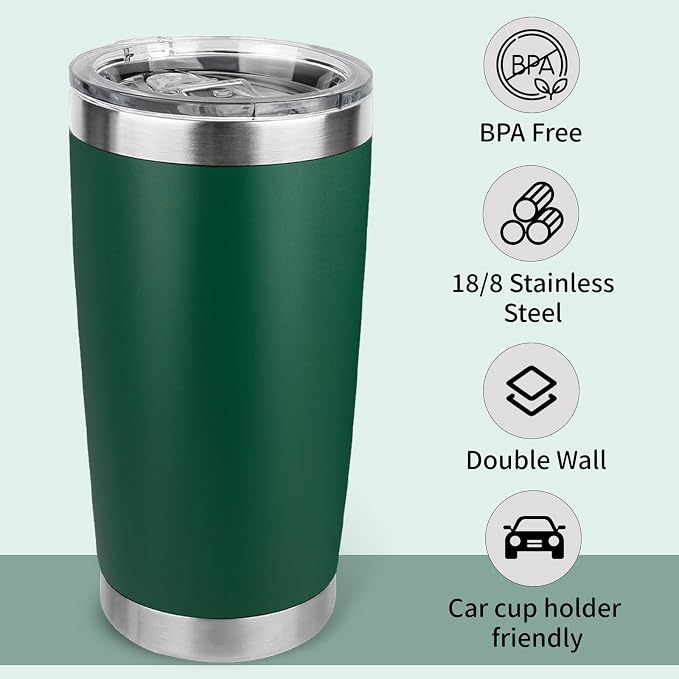 20oz Stainless Steel Tumbler with Lid, Travel Mug - Double Wall Vacuum Powder Coated Cup - Dark Green, 1 Pack - Image 2