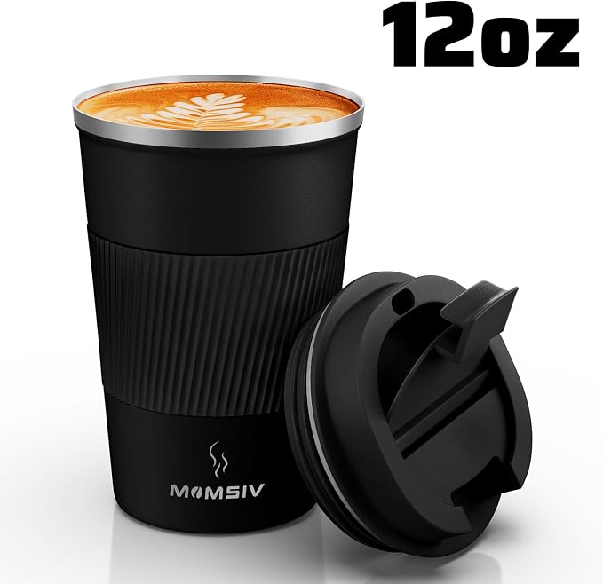 MOMSIV 12oz Travel Mug, Insulated Coffee Cup with Leakproof Lid, Vacuum Stainless Steel Double Walled Reusable Tumbler for Hot and Cold Water Coffee and Tea In Travel and Car (Black - 380ml) - Image 8