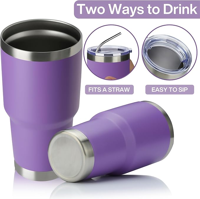 MEWAY 30oz Insulated Tumbler With Lids and Straws,Stainless Steel Double Vacuum Coffee Tumbler Cup, Brush, Durable Powder Coated Coffee Cup for Cold & Hot Drinks, Office, Travel(Purple,4 PACK) - Image 3