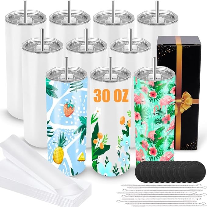 Joyclub Sublimation Tumblers 30 oz Blank Tumblers for Sublimation Skinny Bulk Double Wall Insulated Cups with Individually Gift Boxed and Shrink Wrap Films for Heat Transfer 10 Pack by Joyclub