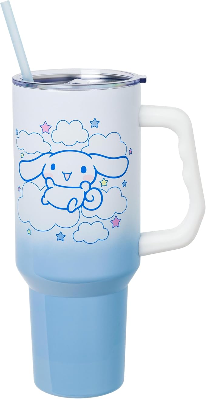 Silver Buffalo Sanrio Hello Kitty and Friends Featuring Cinnamoroll in Stars and Clouds Double Walled Stainless Steel Tumbler with Handle and Straw, Fits in Standard Cup Holder, 40 Ounces by SilverBuffalo
