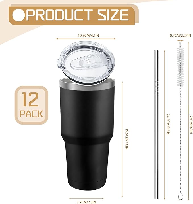 YOUKE OLA 12 Pack Insulated Tumbler Powder Coated Stainless Steel Double Wall Vacuum Travel Coffee Tumbler Cup with Lid and Straw for Laser Engrave DIY Gift 30oz Black - Image 2