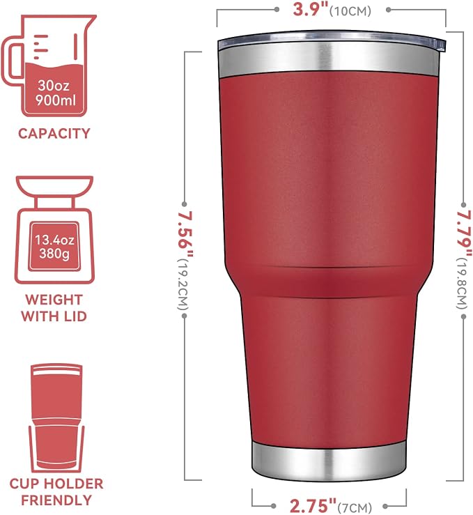 DOMICARE 30 oz Tumbler with Lid and Straw, Stainless Steel Tumblers Bulk, Insulated Vacuum Double Wall Travel Coffee Mug, Durable Powder Coated Tumbler Cup (Red, 1) - Image 2