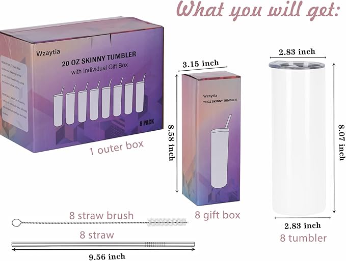 8 Pack 20 Oz Straight Skinny Tumblers,Individually Gift Boxed Stainless Steel Slim Skinny Tumbler Set Bulk, 20 Oz Insulated Slim Thin Travel Tumbler Cup for Diy, White - Image 2