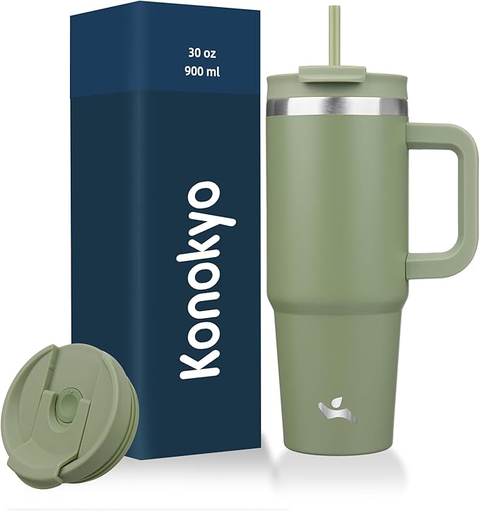 Konokyo 30 oz Tumbler with Handle and 2 Straws,2 in 1 Lid Insulated Water Bottle Stainless Steel Travel Coffee Mug,Army Green by Konokyo