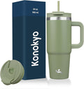 Konokyo 30 oz Tumbler with Handle and 2 Straws,2 in 1 Lid Insulated Water Bottle Stainless Steel Travel Coffee Mug,Army Green by Konokyo