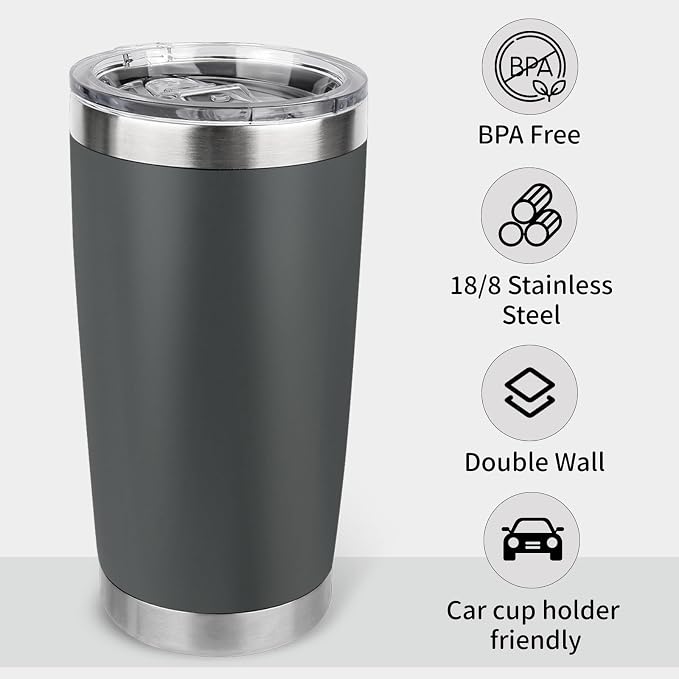 20oz Stainless Steel Tumbler Bulk with Lid, Travel Mug - Double Wall Vacuum Powder Coated Cup - Grey, 12 Pack - Image 3