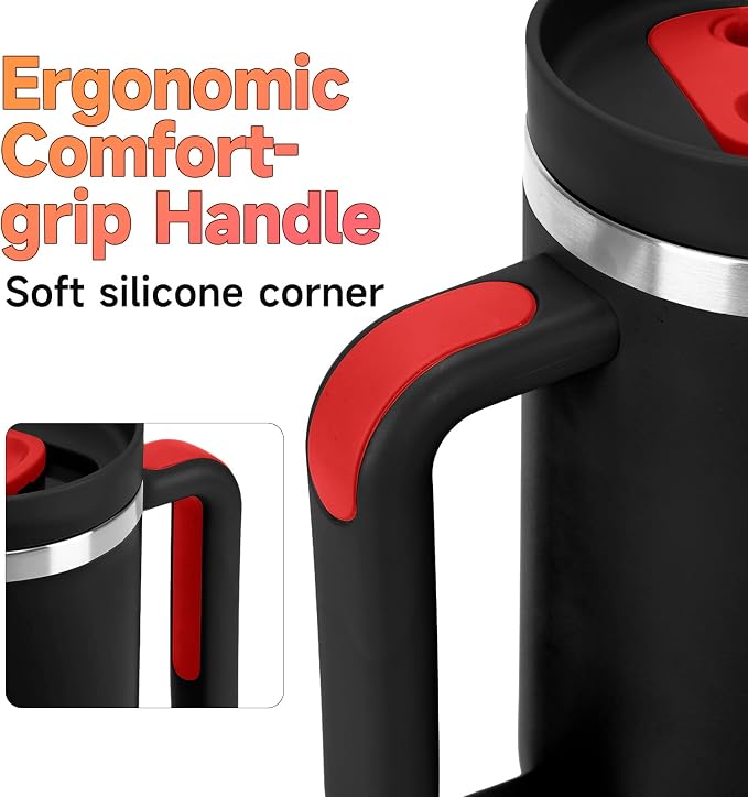 40oz Tumbler with Handle and Straw Spout 2-in-1 Lid, Spill Leak Proof Insulated Travel Cup Traveler Water Mug Keep Cold Hot, Dishwasher Safe Stainless Steel Bottle Gifts for Women Men, Black Red - Image 6