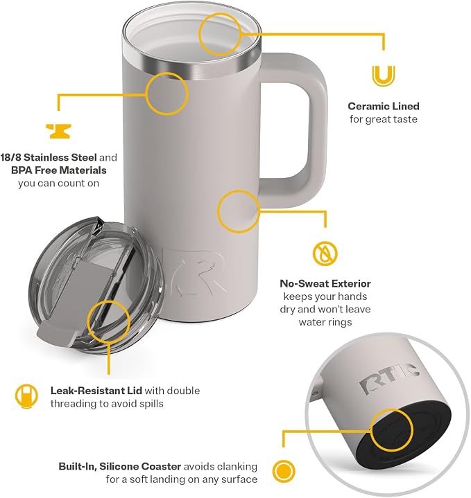 RTIC 16oz Road Trip Travel Mug with Lid and Handle, Ceramic Lined, Insulated, Stainless Steel, Metal, Double Wall Vacuum-Insulation, Portable Coffee, Tea Cup for Hot and Cold Drink, Cool Grey - Image 3