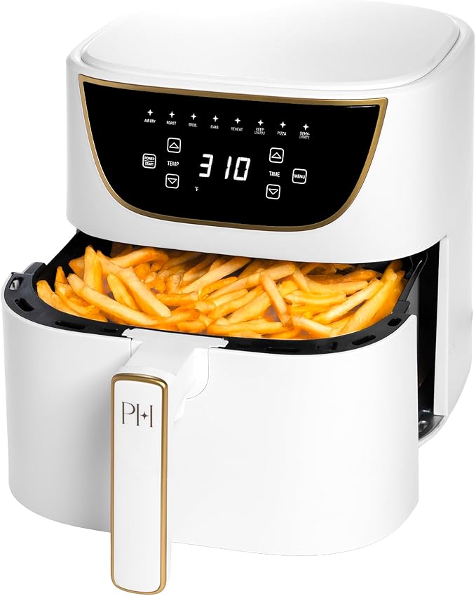 Paris Hilton 6-Quart Air Fryer, Nonstick Basket Made Without PFAS, Touchscreen, 8-in-1 (Fry, Roast, Broil, Bake, Reheat, Keep Warm, Pizza, Dehydrate), Dishwasher Safe Basket and Crisping Tray, White by TheWorldofParisHilton