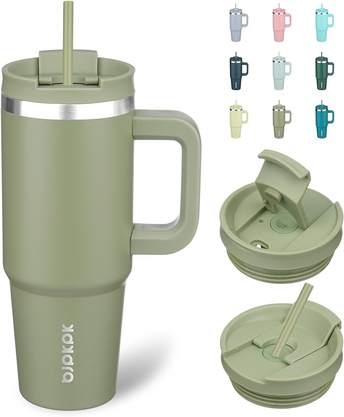 BJPKPK 30 oz Stainless Steel Tumbler With Handle Insulated Tumblers With 2 Straw Travel Coffee Mug With Lid,Sage by BJPKPK