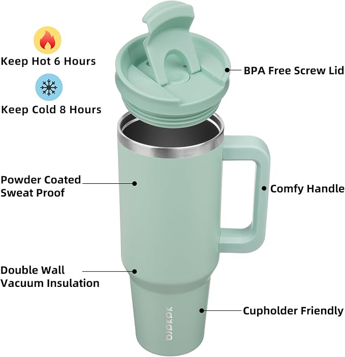 BJPKPK 40oz Stainless Steel Insulated Tumbler With Handle And Lid Straw Travel Coffee Mug Thermal Cup,Pistachio Green - Image 2
