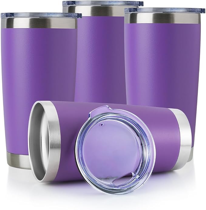 DOMICARE 20oz Stainless Steel Tumbler Bulk with Lid, Double Wall Vacuum Insulated Travel Mug, Powder Coated Coffee Cup, Powder Purple, 4 Pack by VisittheDOMICARE
