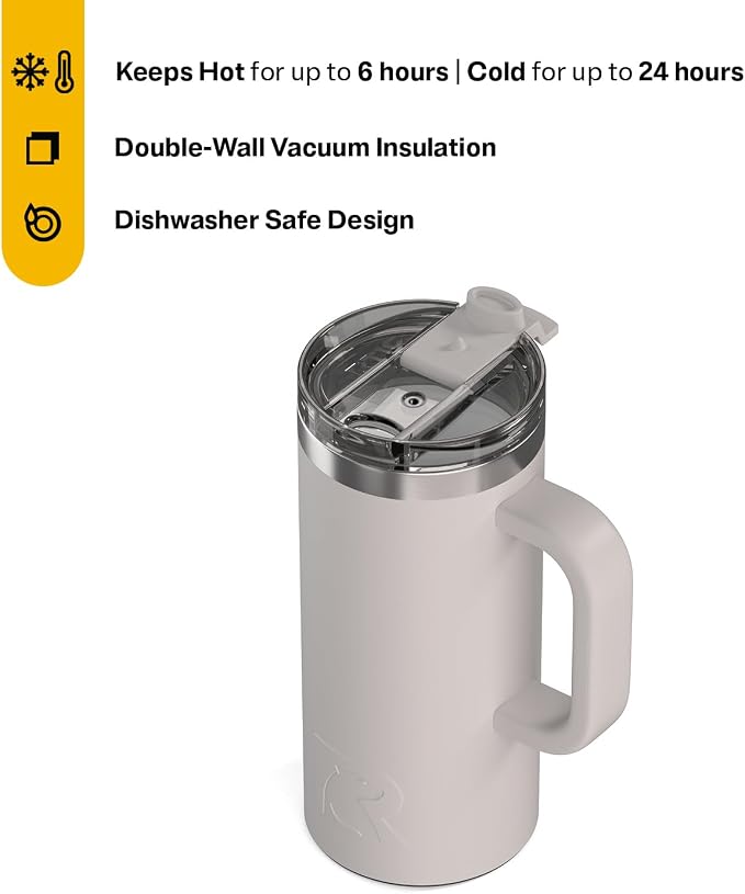 RTIC 16oz Road Trip Travel Mug with Lid and Handle, Ceramic Lined, Insulated, Stainless Steel, Metal, Double Wall Vacuum-Insulation, Portable Coffee, Tea Cup for Hot and Cold Drink, Cool Grey - Image 2