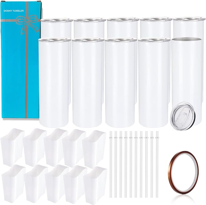 YOUKE OLA 10 Pack Sublimation Tumblers Bulk Straight Skinny Tumbler Blanks 20oz for Heat Transfer, Individual Gift Boxed, Double Wall Insulated Tumbler with Shrink Wrap Films & Heat Tape & Straws by YOUKEOLA