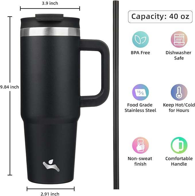 Konokyo 40 oz Tumbler with Handle and 2 Straws,2 in 1 Lid Insulated Water Bottle Stainless Steel Travel Coffee Mug,Black - Image 4