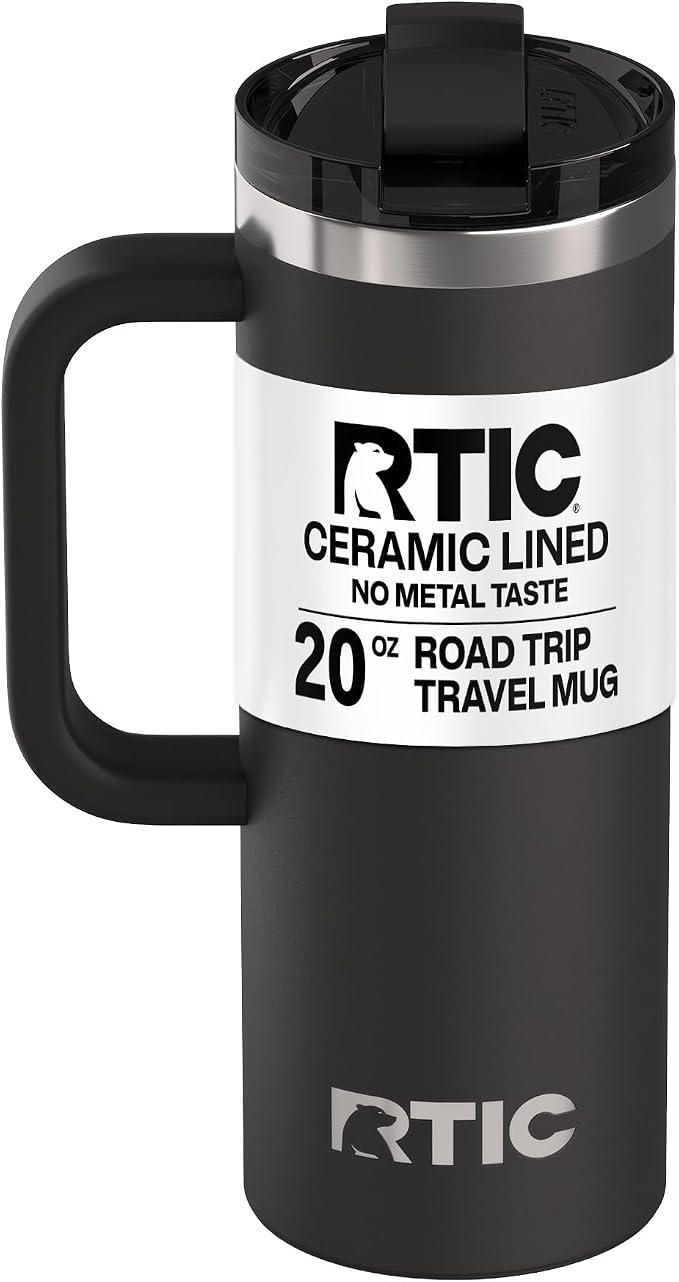 RTIC 20oz Road Trip Travel Mug with Lid and Handle, Ceramic Lined, Insulated, Stainless Steel, Metal, Double Wall Vacuum-Insulation, Portable Coffee, Tea Cup for Hot and Cold Drink, Midnight by RTIC