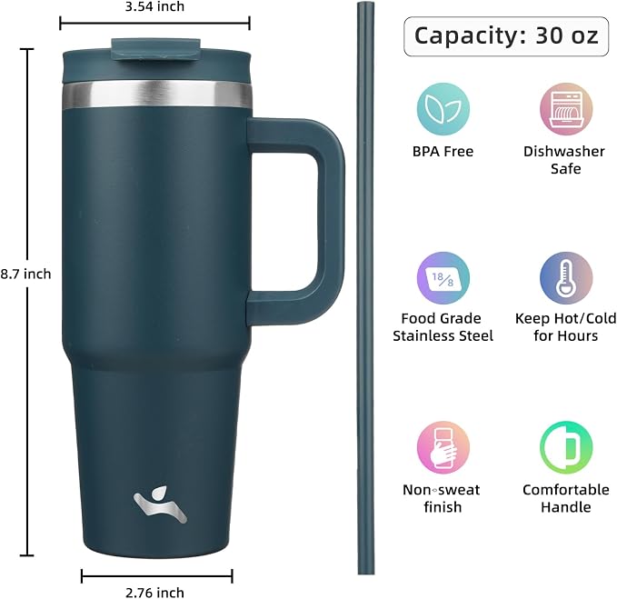 Konokyo 30 oz Tumbler with Handle and 2 Straws,2 in 1 Lid Insulated Water Bottle Stainless Steel Travel Coffee Mug,Navy blue - Image 4