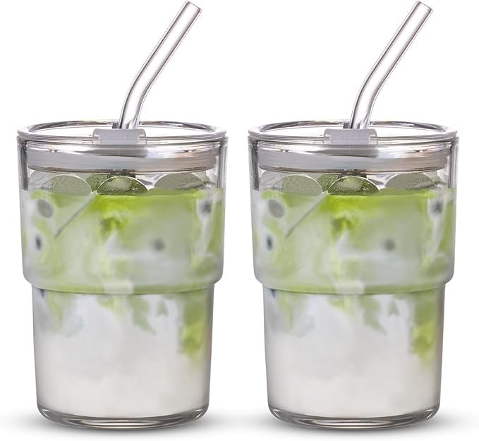 BLUEPOLAR 13oz/400ml Tumbler Water Glass, Cups with Straw and Lid Sealed Carry on for Coffee, Iced Tea, Thick Wall Insulated Glass Cup (white,2pack) by BLUEPOLAR