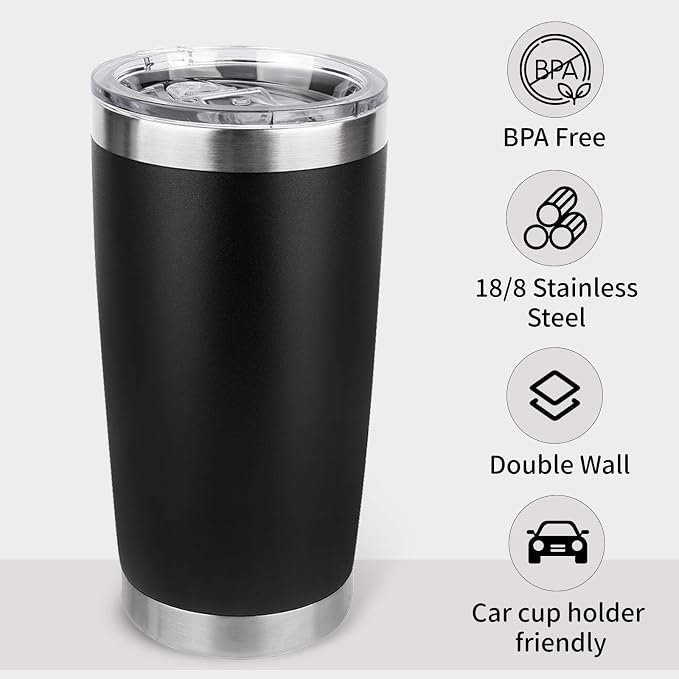 20oz Stainless Steel Tumbler with Lid, Travel Mug - Double Wall Vacuum Powder Coated Cup - Black, 1 Pack - Image 6