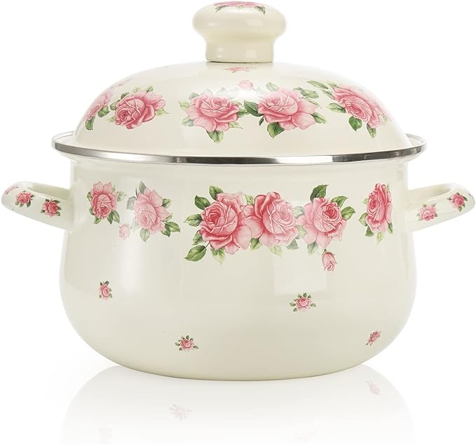 SOUJOY Enamel Stockpot with Lid, 2.8 Quart Retro Cooking Pot, Vintage Floral by SOUJOY