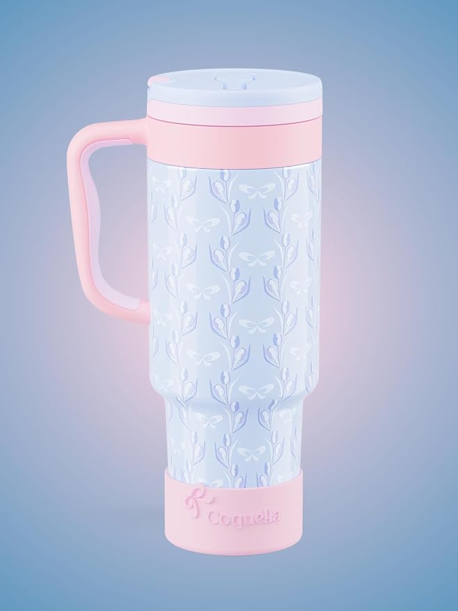 40 oz Insulated Tumbler with Handle and Push-Button Straw Lid, Stainless Steel Travel Cup for Gym Office, Leakproof, BPA-Free, Cup Holder Friendly, Bow Silicone Boot, Blue (Tulip Blue) - Image 2