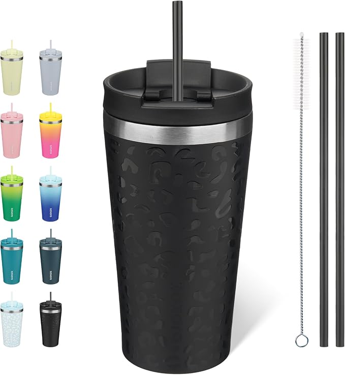 BJPKPK 18oz Insulated Tumbler With lid And Straw Stainless Steel Tumblers Travel Coffee Mug Reusable Thermal Cup,Black Leopard by BJPKPK