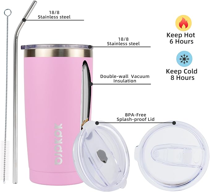 BJPKPK Insulated Tumbler 20 oz Stainless Steel Coffee Travel Thermal Cup With lids And Straws,Light Pink - Image 2
