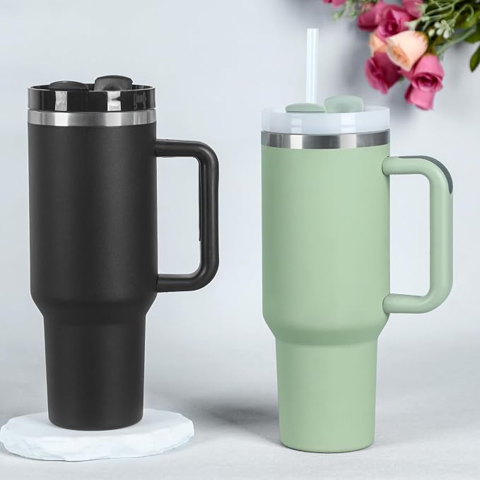 4 Pack 40 Oz Tumbler with Handle Bulk, Double Wall Vacuum Insulated Stainless Steel Tumbler with Lid and Straw, 40 oz cup with Silicone Spill Proof Stopper Set (Black) - Image 2