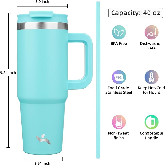 Konokyo 40 oz Tumbler with Handle and 2 Straws,2 in 1 Lid Insulated Water Bottle Stainless Steel Travel Coffee Mug,Turquoise - Image 4