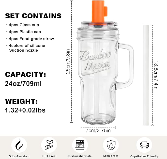 Anotion Mason Jar Cups with Lids and Straw, Leakproof 24oz Glass Tumbler with Handle, Leak-Proof Dustproof Cap, Self-Assembly Silicone Straw, Reusable Iced Coffee Matcha Cup Coffee Gifts for Women 4pc - Image 8