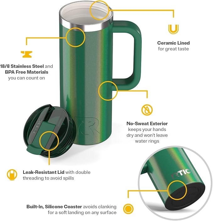 RTIC 20oz Road Trip Travel Mug with Lid and Handle, Ceramic Lined, Insulated, Stainless Steel, Metal, Double Wall Vacuum-Insulation, Portable Coffee, Tea Cup for Hot and Cold Drink, Pine Tree Glitter - Image 3