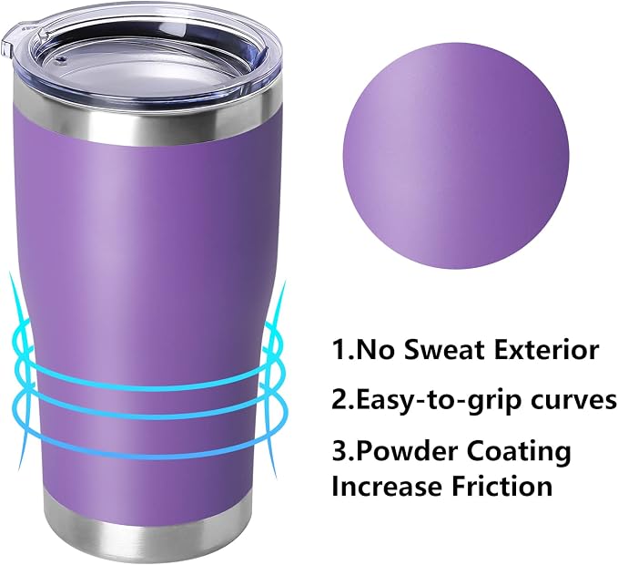 DOMICARE 20oz Tumbler with Lid Stainless Steel Tumblers Bulk, Double Wall Vacuum Insulated Coffee Travel Mug Powder Coated Tumbler, 1 Count (Pack of 1) Purple - Image 2